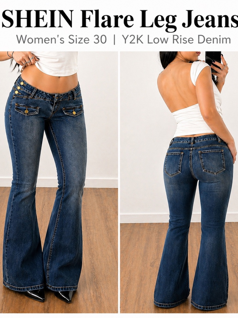SHEIN Low Rise Flare Jeans Y2K Wide Leg Denim Size 30 Boho Festival